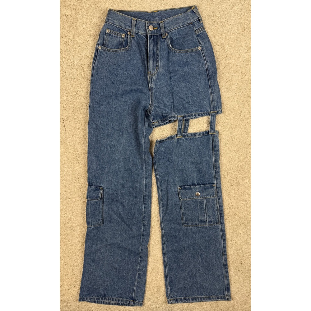 RARE CHUU Asymmetric Cutout Cargo Wide Leg Baggy Jeans Blue Size 27 (24x28) #149